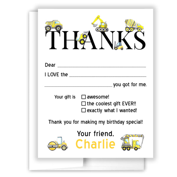 Construction Truck Thank You Note Card Stationery • Fill in Blank, Lined or Blank Cards