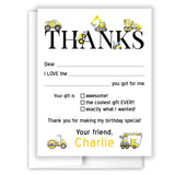 Construction Truck Thank You Note Card Stationery • Fill in Blank, Lined or Blank Cards