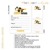 Construction Summer Camp Camping Note Cards Stationery • Fill in Blank, Lined or Blank Cards