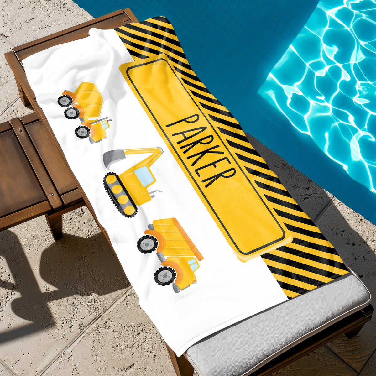 Construction Trucks Personalized Beach Towel • Custom 30x60 Swimming Swim Bath Bathroom Pool