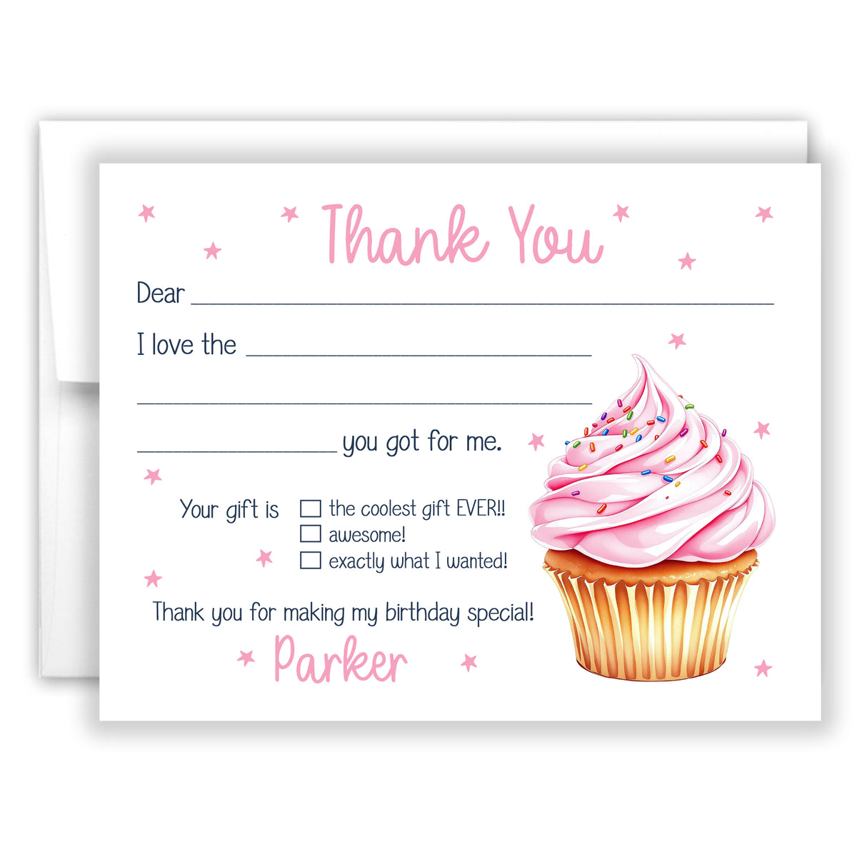 Pink Cupcake Thank You Note Card Personalized Custom Stationery • Fill in Blank, Lined or Blank Cards