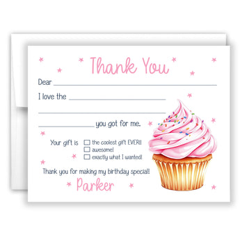 Pink Cupcake Thank You Note Card Stationery • Fill in Blank, Lined or Blank Cards
