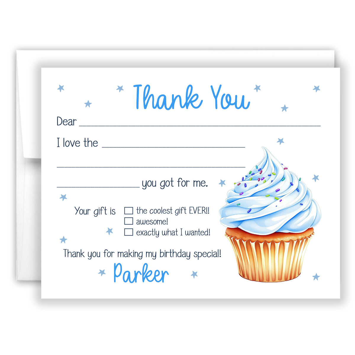 Blue Cupcake Thank You Note Card Personalized Custom Stationery • Fill in Blank, Lined or Blank Cards