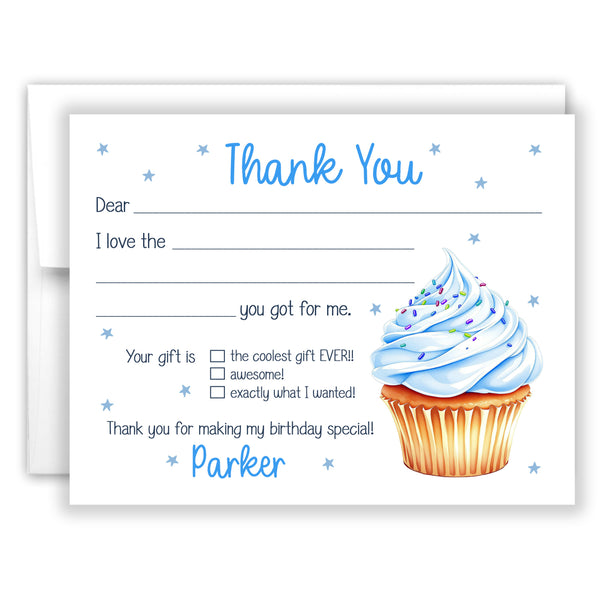 Blue Cupcake Thank You Note Card Stationery • Fill in Blank, Lined or Blank Cards
