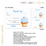 Blue Cupcake Thank You Note Card Stationery • Fill in Blank, Lined or Blank Cards