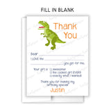 Dinosaur Thank You Note Card Stationery • Fill in Blank, Lined or Blank Cards