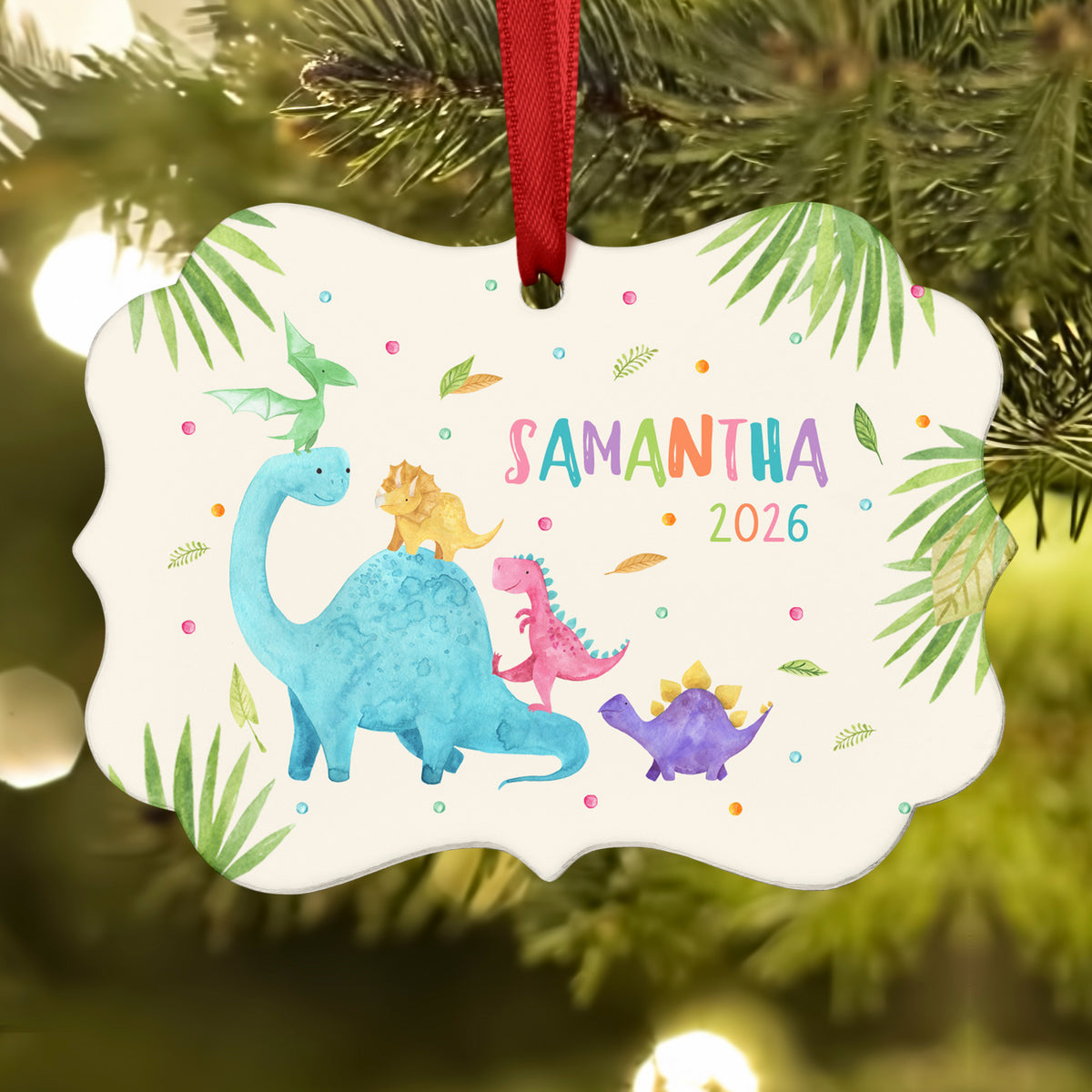 Rainbow Pastel Dinosaur Dino Christmas Ornament • Personalized Custom Holiday • Gift