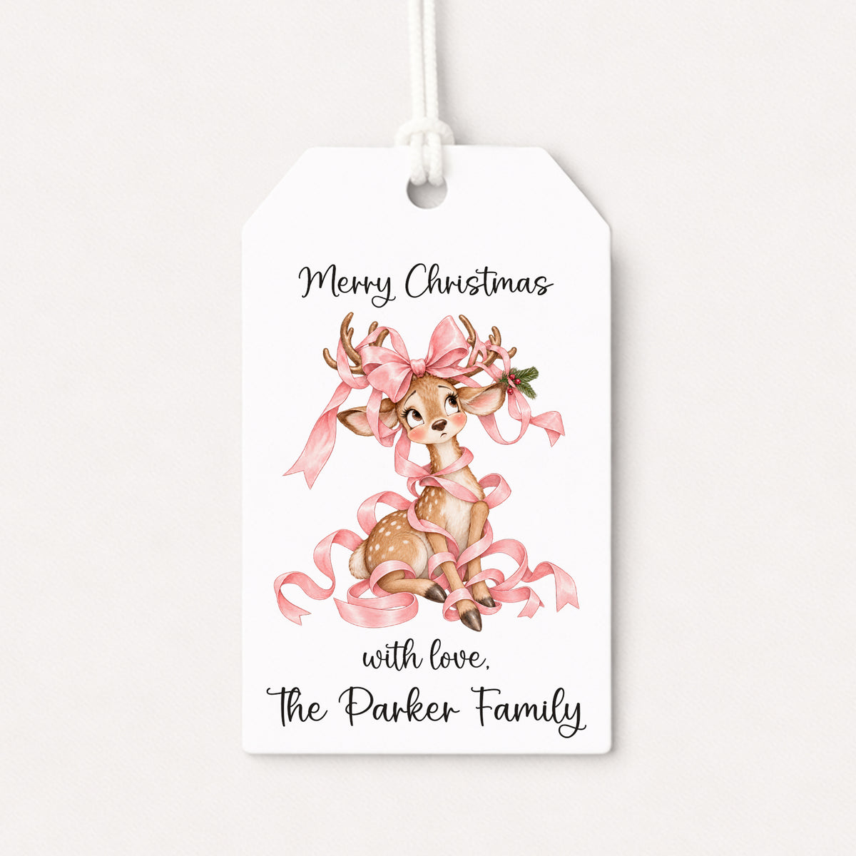 Reindeer Deer Pink Coquette Bow Bows Personalized Gift Tags • Christmas Holiday Gift Wrapping • Custom Family Name Tag • Gifts