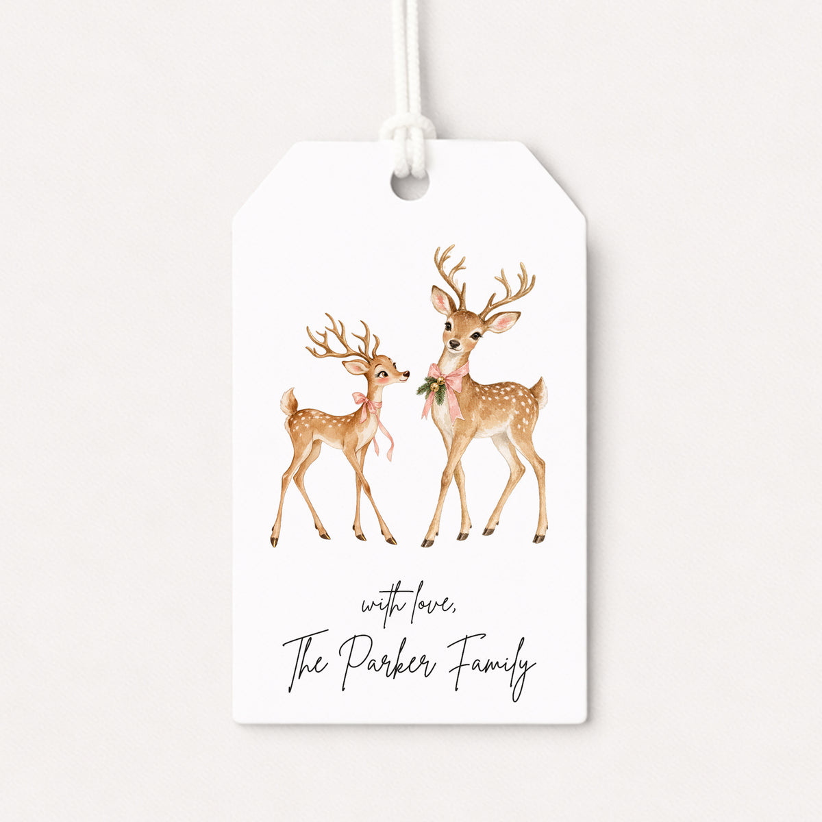 Reindeer Deer Pink Coquette Bow Bows Personalized Gift Tags • Christmas Holiday Gift Wrapping • Custom Family Name Tag • Gifts