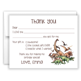 Dinosaur Thank You Note Card Stationery • Fill in Blank, Lined or Blank Cards