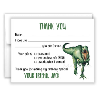 Dinosaur Thank You Note Card Stationery • Fill in Blank, Lined or Blank Cards