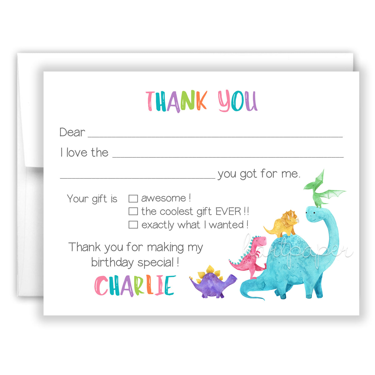 Dinosaur Thank You Note Card Personalized Custom Stationery • Fill in Blank, Lined or Blank Cards