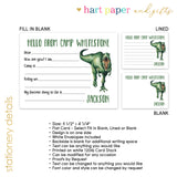 Dinosaur Summer Camp Camping Note Cards Stationery • Fill in Blank, Lined or Blank Cards