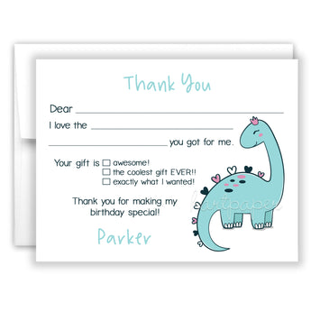 Girly Dinosaur Thank You Note Card Stationery • Fill in Blank, Lined or Blank Cards