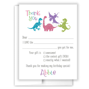 Girly Dinosaur Thank You Note Card Stationery • Fill in Blank, Lined or Blank Cards