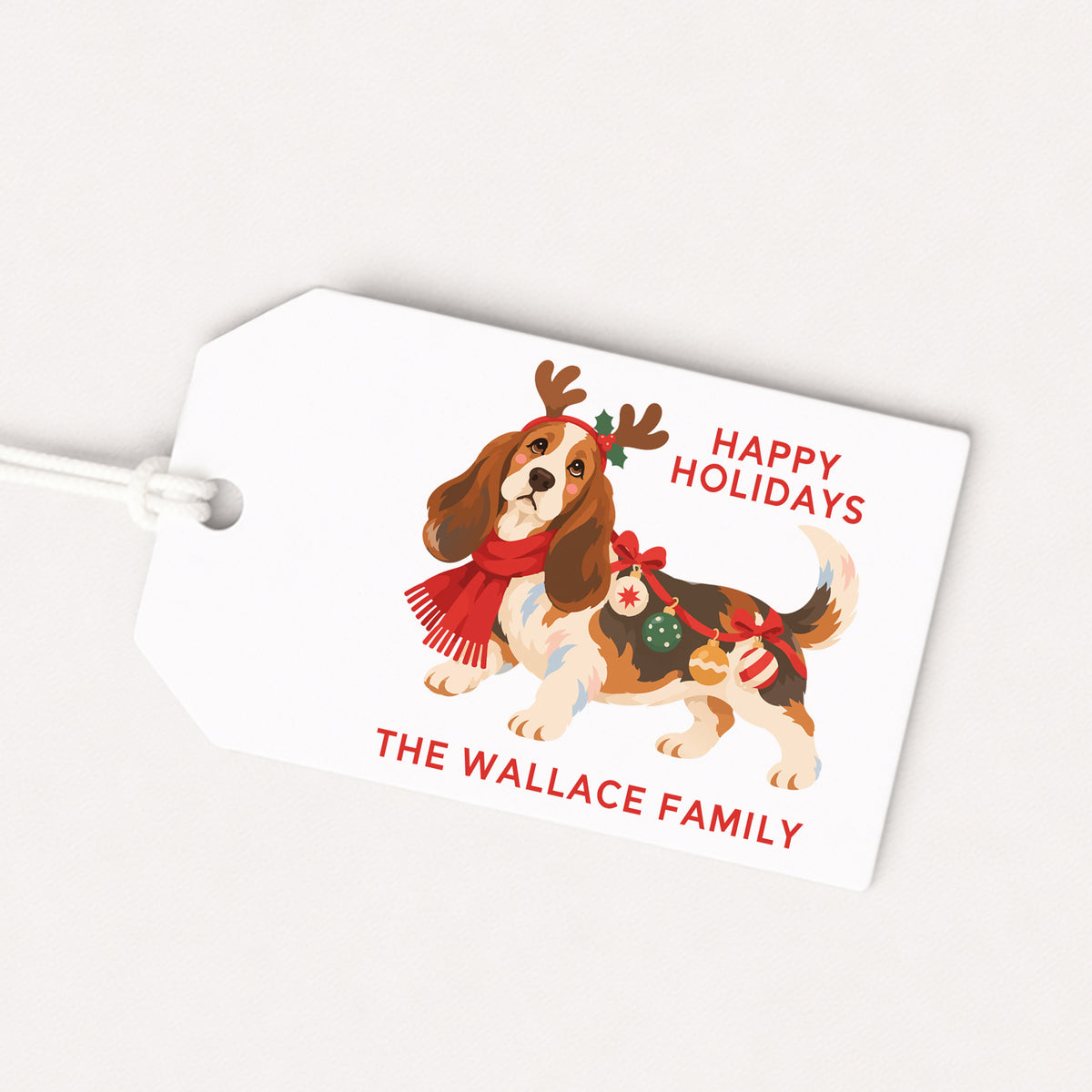 Basset Hound Pet Puppy Personalized Gift Tags • Christmas Holiday Gift Wrapping • Custom Family Name Tag • Gifts Whimsical