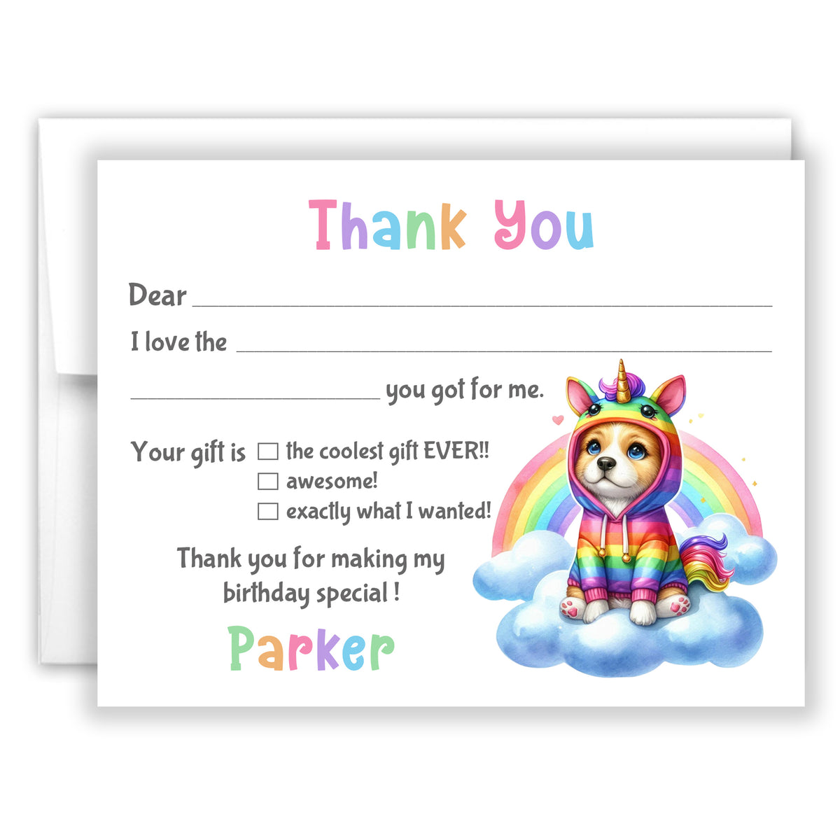 Rainbow Dog Thank You Note Card Personalized Custom Stationery • Fill in Blank, Lined or Blank Cards