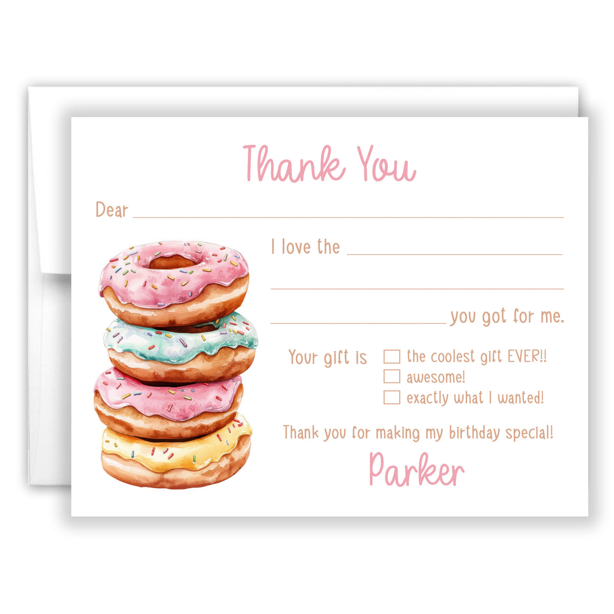 Donut Thank You Note Card Personalized Custom Stationery • Fill in Blank, Lined or Blank Cards