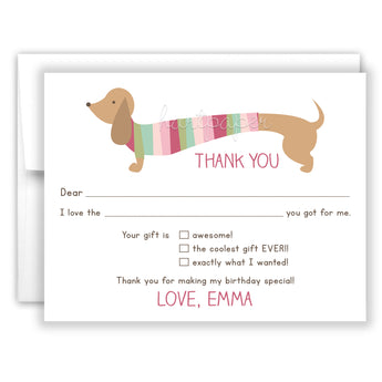 Dachshund Dog Thank You Note Card Stationery • Fill in Blank, Lined or Blank Cards