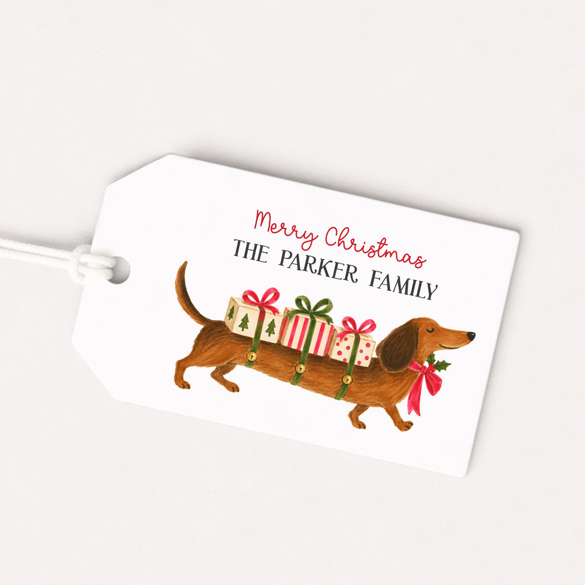 Dachshund Doxie Pet Puppy Personalized Gift Tags • Christmas Holiday Gift Wrapping • Custom Family Name Tag • Gifts Whimsical