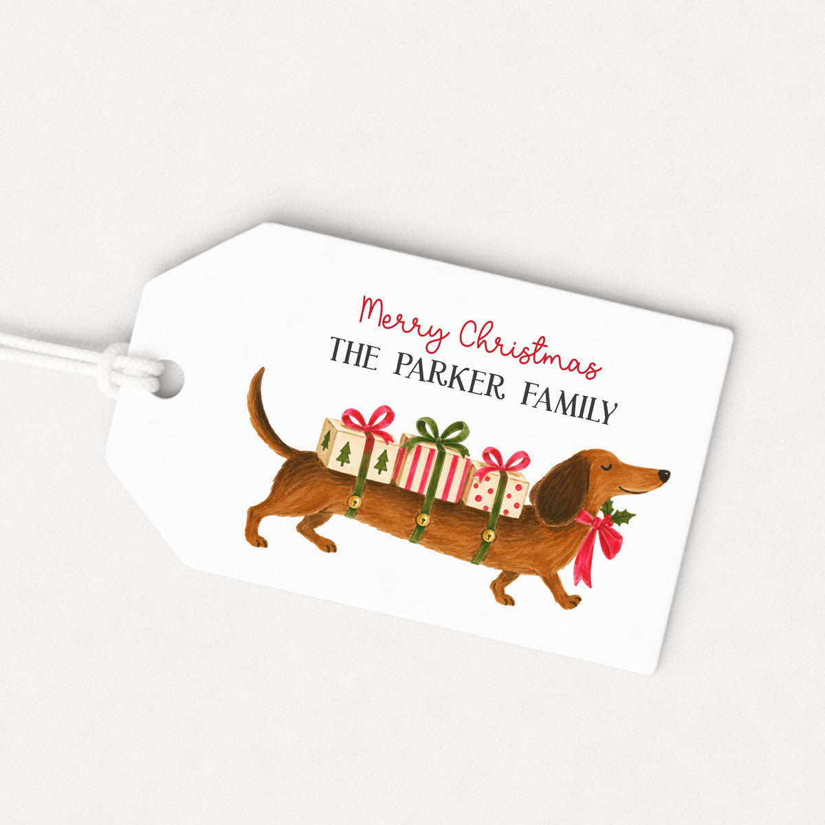 Dachshund Doxie Pet Puppy Personalized Gift Tags • Christmas Holiday Gift Wrapping • Custom Family Name Tag • Gifts Whimsical