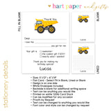 Dump Truck Thank You Note Card Stationery • Fill in Blank, Lined or Blank Cards