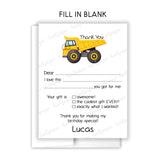 Dump Truck Thank You Note Card Stationery • Fill in Blank, Lined or Blank Cards