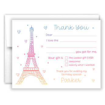 Eiffel Tower Thank You Note Card Stationery • Fill in Blank, Lined or Blank Cards