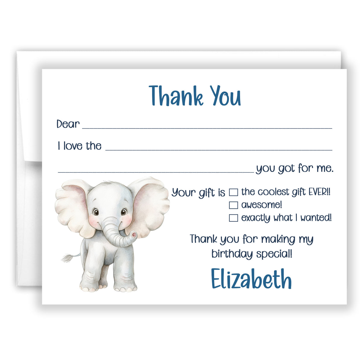 Elephant Thank You Note Card Personalized Custom Stationery • Fill in Blank, Lined or Blank Cards