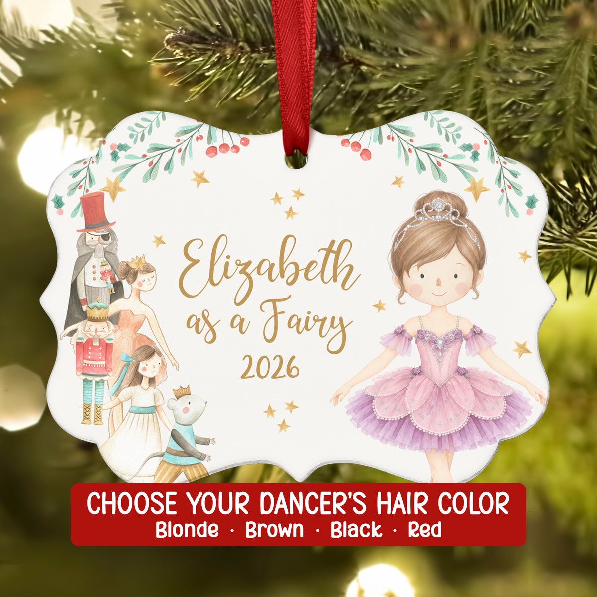 Sugar Plum Fairy Nutcracker Christmas Ornament Personalized Custom Holiday Decor Gift Girl Ballerina Ballet Watercolor