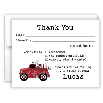 Firetruck Thank You Note Card Stationery • Fill in Blank, Lined or Blank Cards