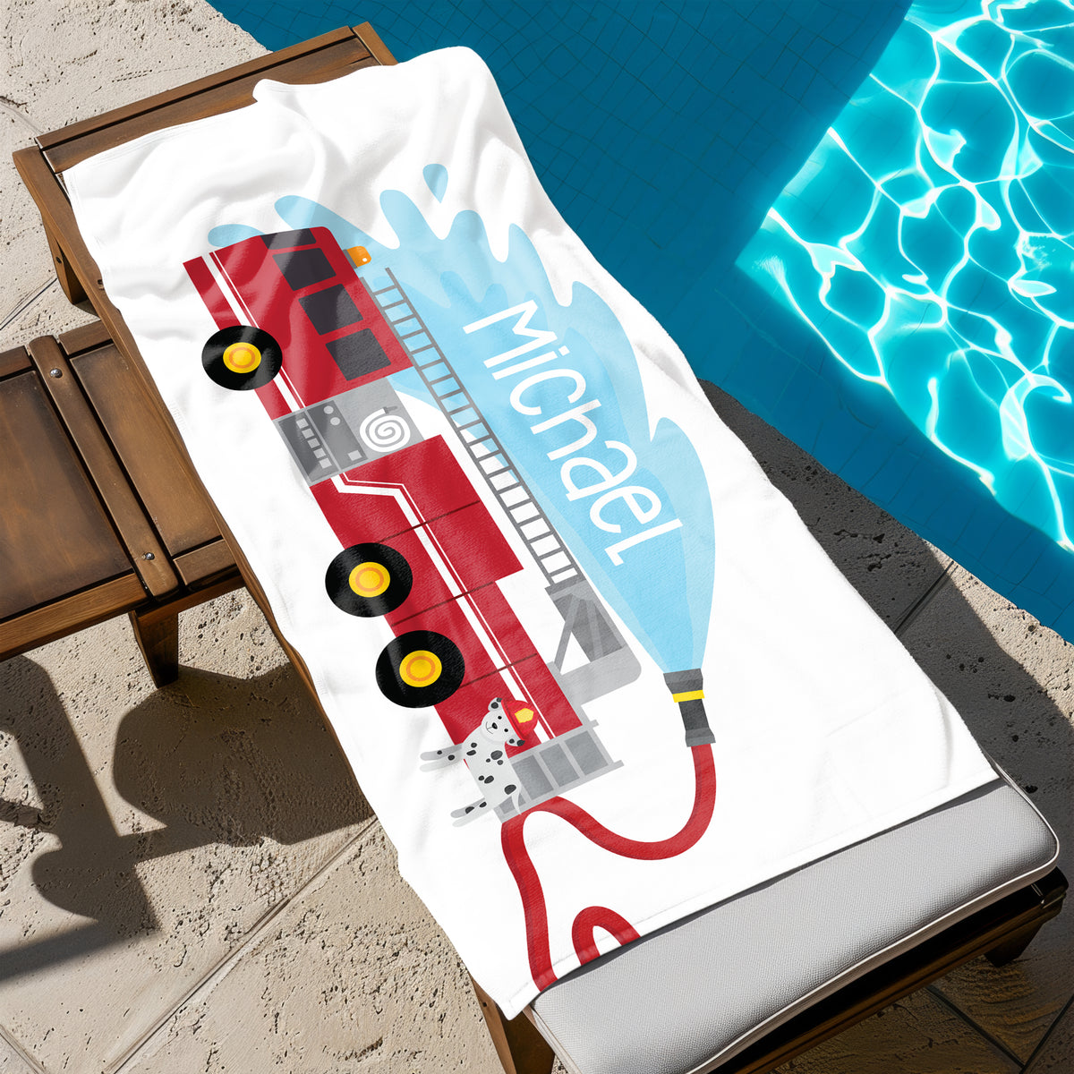 Firetruck Personalized Beach Towel • Custom 30x60 Swimming Swim Bath Bathroom Pool