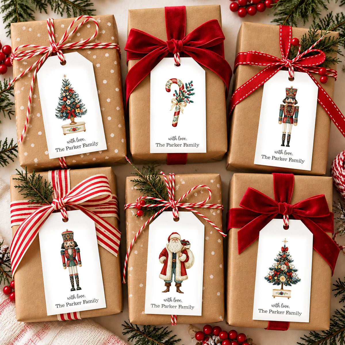 Whimsical Folk Art Christmas Personalized Gift Tags • Christmas Holiday Gift Wrapping • Custom Family Name Tag • Gifts