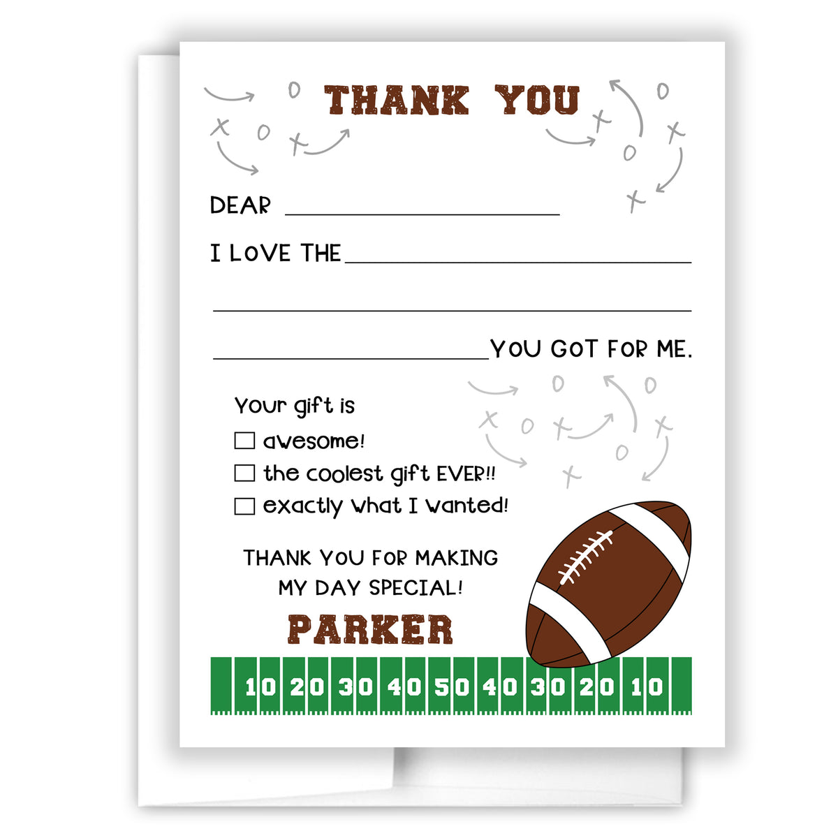 Football Sports Thank You Note Card Personalized Custom Stationery • Fill in Blank, Lined or Blank Cards