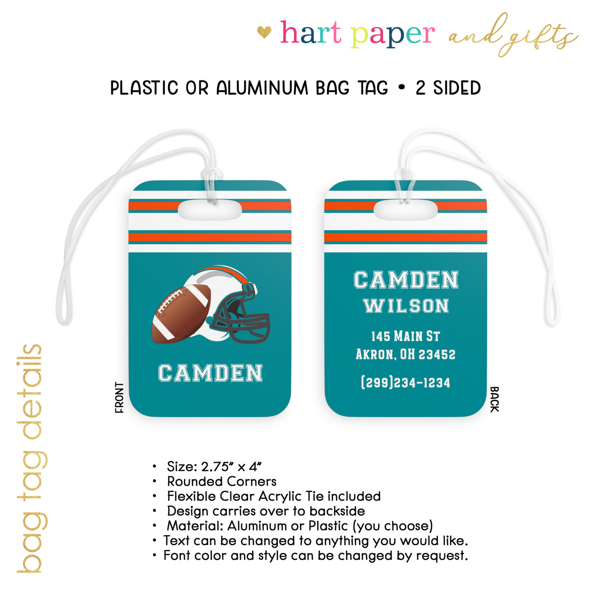 Football Sports Luggage Bag Tag Personalized Custom - Hart Paper