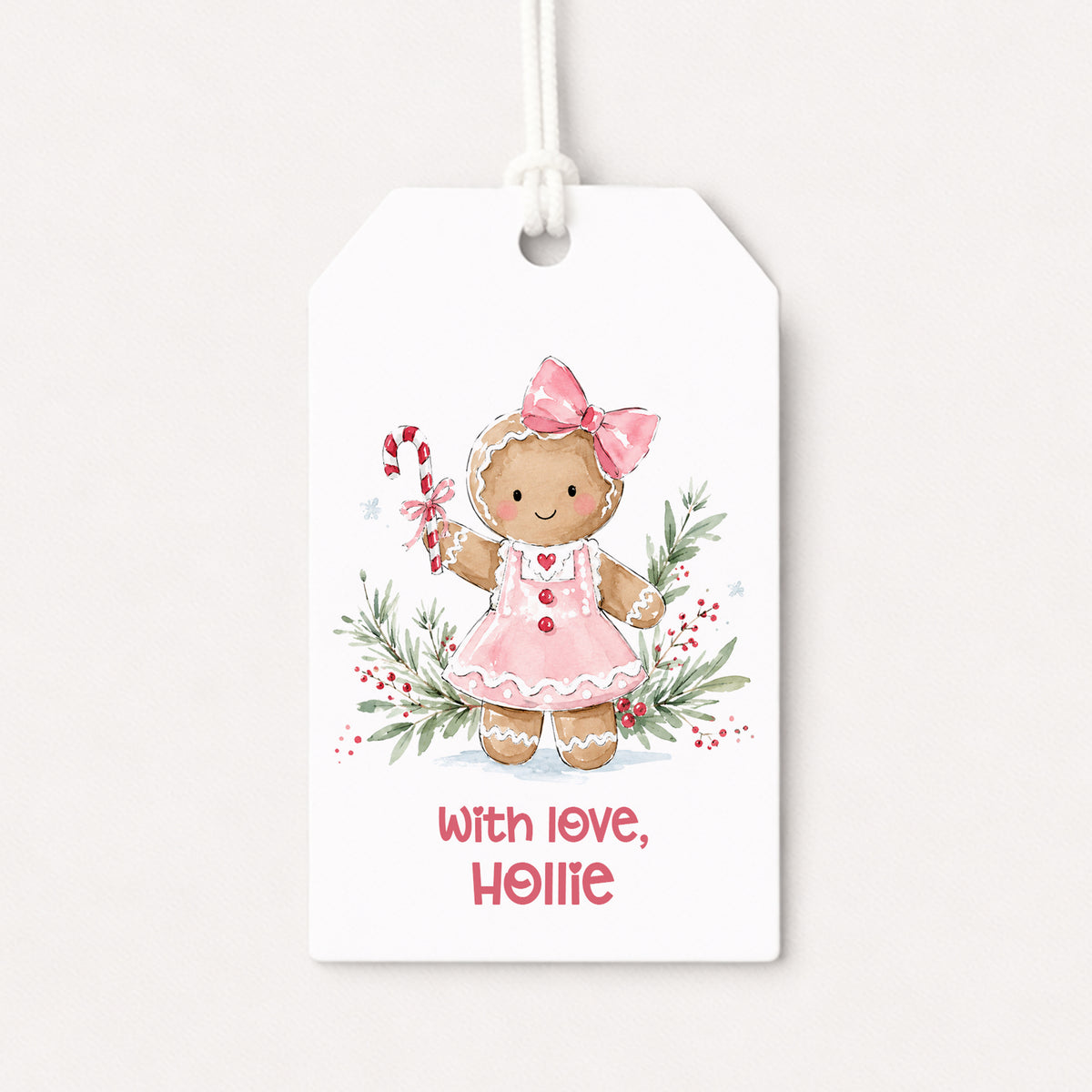 Pink Gingerbread Girl Coquette Bow Bows Personalized Gift Tags • Christmas Holiday Gift Wrapping • Custom Family Name Tag • Gifts Whimsical