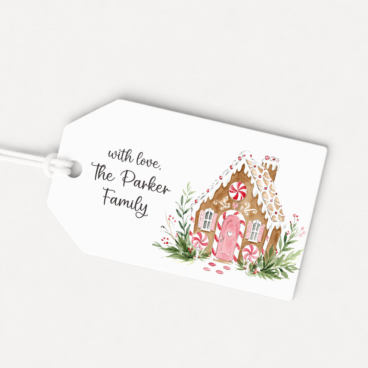 Pink Gingerbread House Personalized Gift Tags • Christmas Holiday Gift Wrapping • Custom Family Name Tag • Gifts Whimsical