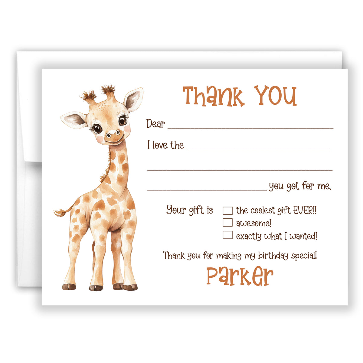 Giraffe Thank You Note Card Personalized Custom Stationery • Fill in Blank, Lined or Blank Cards
