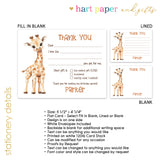 Giraffe Thank You Note Card Stationery • Fill in Blank, Lined or Blank Cards