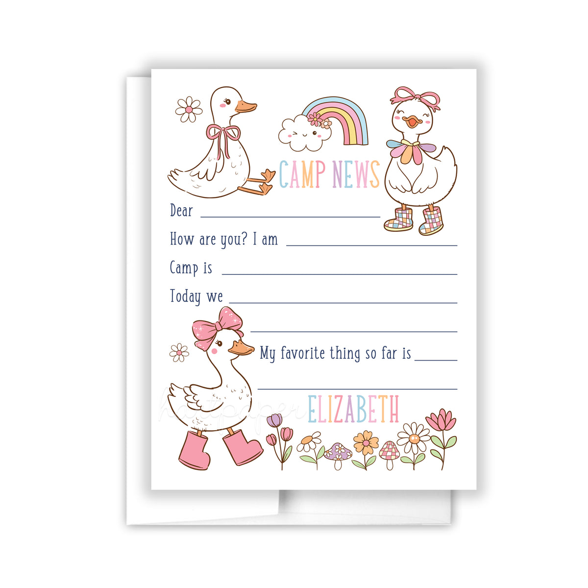 Rainbow Goose Summer Camp Camping Note Cards Stationery Custom Personalized • Fill in Blank, Lined or Blank Cards
