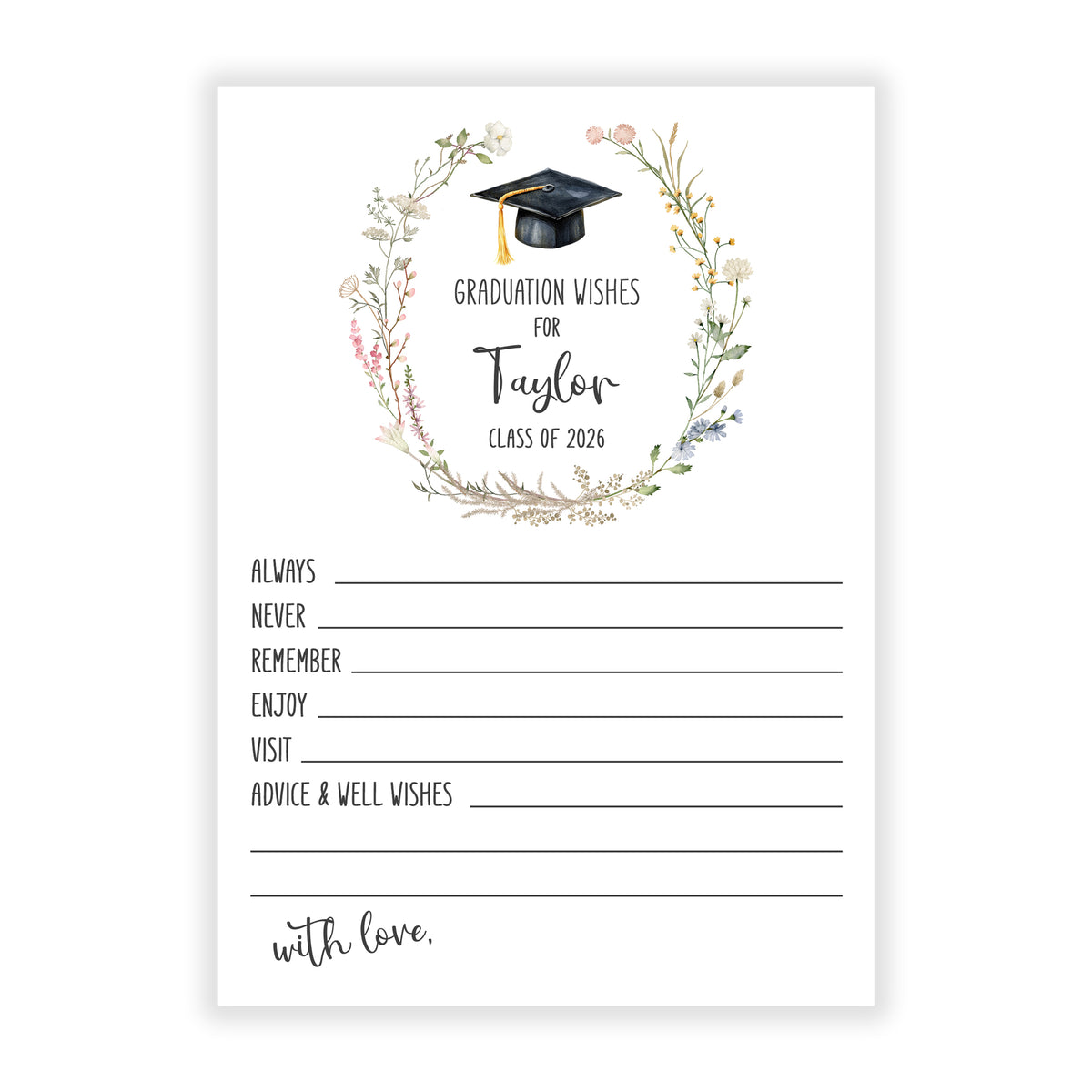 Wildflower Graduation Party Advice Wish Wishes Cards Personalized Flat Stationery Custom Printed Party Open House Decorations Graduate Decor