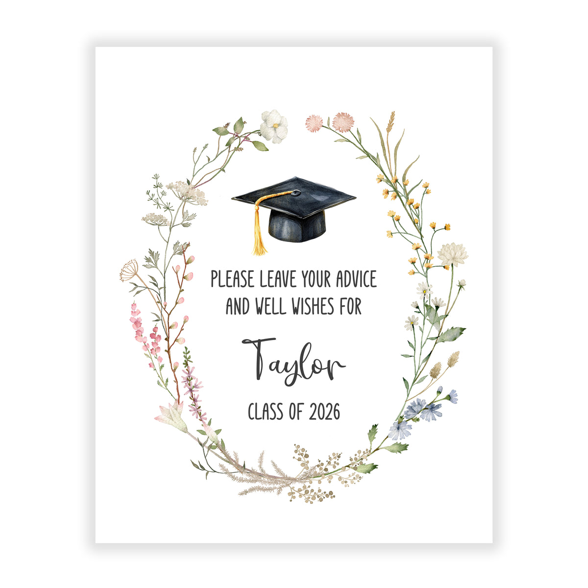 Boho Wildflowers Sign for Graduation Party Advice Wish Wishes Cards Personalized • Stationery Custom Printed Open House Decorations Graduate Decor