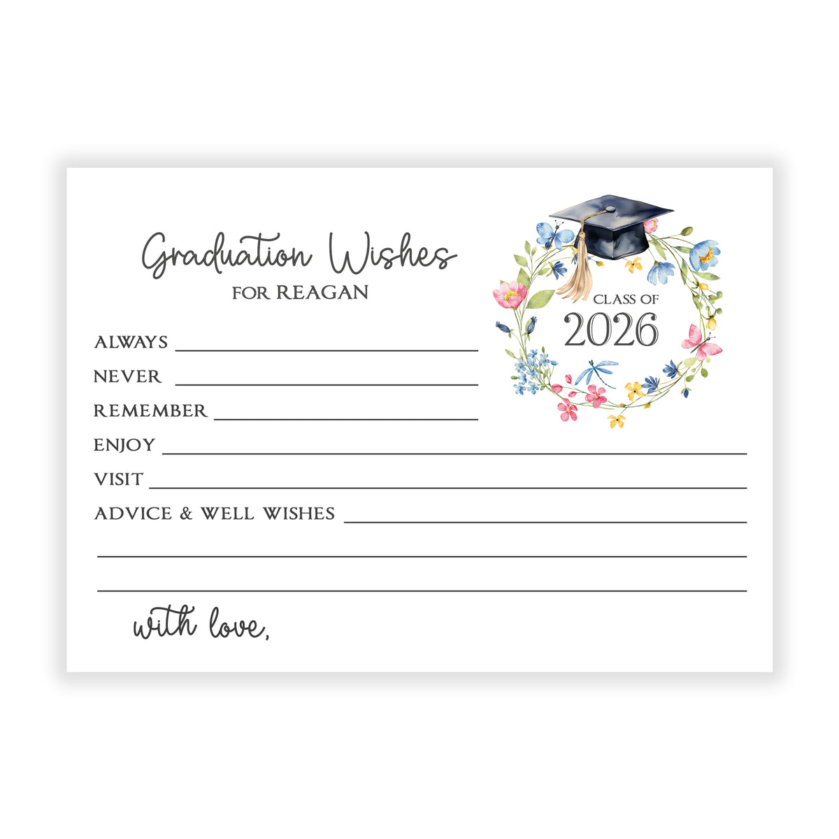 Wildflower Graduation Party Advice Wish Wishes Cards Personalized Flat Stationery Custom Printed Party Open House Decorations Graduate Decor