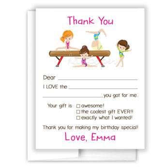 Gymnastics Thank You Note Card Stationery • Fill in Blank, Lined or Blank Cards