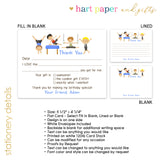 Gymnastics Thank You Note Card Stationery • Fill in Blank, Lined or Blank Cards