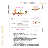 Gymnastics Thank You Note Card Stationery • Fill in Blank, Lined or Blank Cards