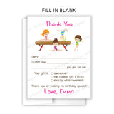 Gymnastics Thank You Note Card Stationery • Fill in Blank, Lined or Blank Cards