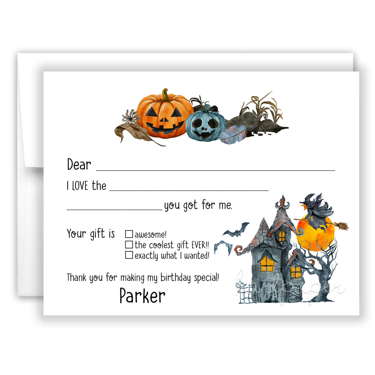 Halloween Thank You Note Card Personalized Custom Stationery • Fill in Blank, Lined or Blank Cards