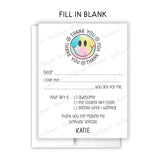 Rainbow Tie Dye Happy Thank You Note Card Stationery • Fill in Blank, Lined or Blank Cards