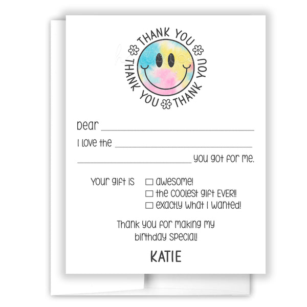 Rainbow Tie Dye Happy Thank You Note Card Stationery • Fill in Blank, Lined or Blank Cards